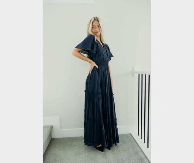 cobalt blue dress outfit Azurine Cobalt Blue Satin-Feel Midi Dress With Long Sleeves - M
